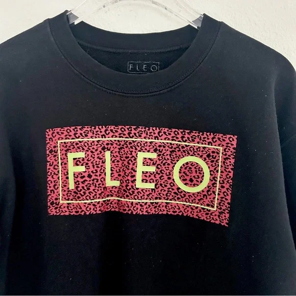 FLEO Leopard Logo Sweatshirt Top Black Cotton Fitness Activewear Size Small - Picture 3 of 9